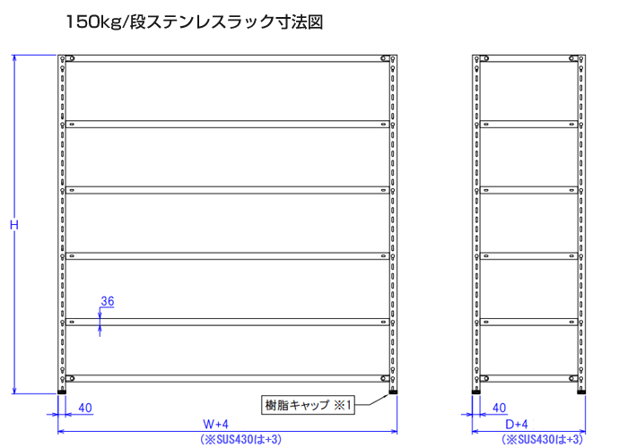 ステンレスラック｜ステン(SUS430)【軽量150kg/段タイプ】高さ2100 