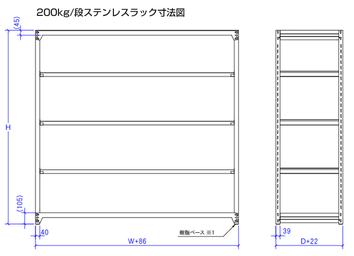 200kg/段　ステンレスラック　寸法詳細